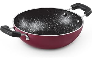 MILTON Pro cook Granito Aluminium Kadhai 18 cm with Soft Touch Bakelite Handles, Non-Induction, Metal Spoon Friendly, 4 Layer Non-Stick Coating, Deep Kadai, Food Grade, 2 Years Warranty, Burgundy