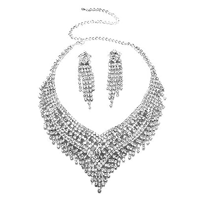 WINOMO Strass Cristal Collier Boucles d'oreilles Bijoux Parures (Argent)
