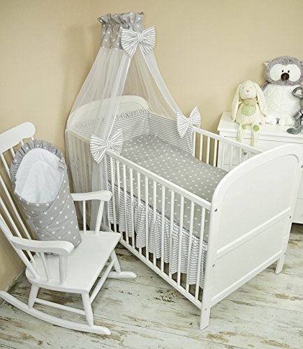Baby Bedding Set 5 Pieces Bedding Set with Cot Bumper, Canopy Children's Bed Linen 100 x 135 cm BRAND NEW Chiffon Sky Stars Grey