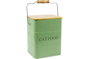 ZoeQide Boîte de rangement en métal pour chat - 6 l - Avec couvercle en bois, poignée, pelle et verre doseur - Boîte de conservation hermétique pour collations - Boîte à friandises - Vert armée