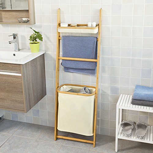 SoBuy® Leiterregal, Standregal, Handtuchleiter,Badregal, mit Handtuchstangen und Wäschebeutel, FRG88-MI