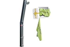 DARDARUGA Ducha solar de jardín de exterior curvada con depósito de 35 litros, piscina de camping, con mezclador, alcachofa orientable y grifo para lavar los pies – Toalla de microfibra de regalo