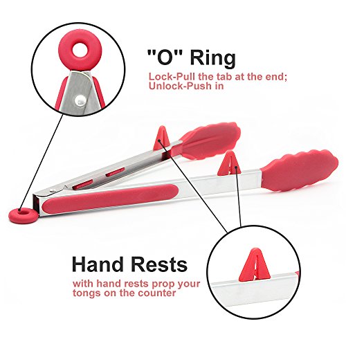 Zilong Küchenzangen/Silikon Grillzangen 9 Zoll + 12 Zoll Antirutsch und Edelstahl Zangen/Silikon Zangen/Küchenhelfer/Küchenzubehör perfekt für Kochen,Grill,Salat,Buffet,usw. Rot,2 Stk. - 6