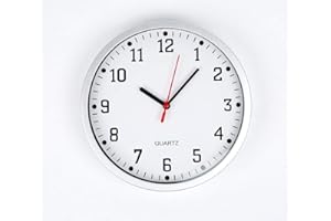 REAL ACCESSORIES LARGE Stylish Round Modern Wall Clock for School Office Home Kitchen Bathroom Living Room Clock ~ BIG READABLE NUMBER WITH FRONT GLASS White dial with Silver Frame Standard Size: 23cm