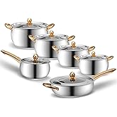 12 PCS Stainless Steel Pots and Pans Set, Mirror Finish Stackable Nonstick Kitchen Cookware Set with Lid Suitable for All Sto