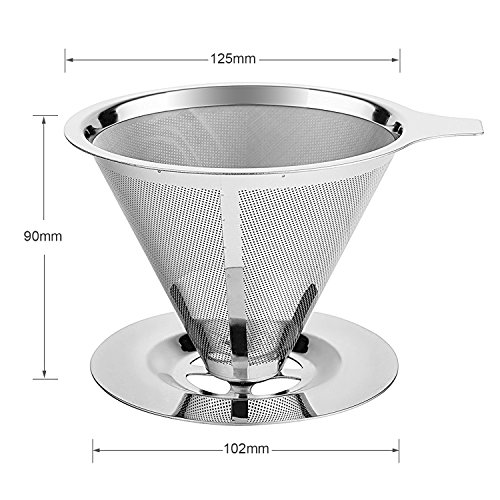 BoRui Edelstahl Kaffeefilter,Handfilter wiederverwendbare Kaffee Filter Double Layer Mesh Kaffee Dripper mit Cup Stand (Silber) - 2