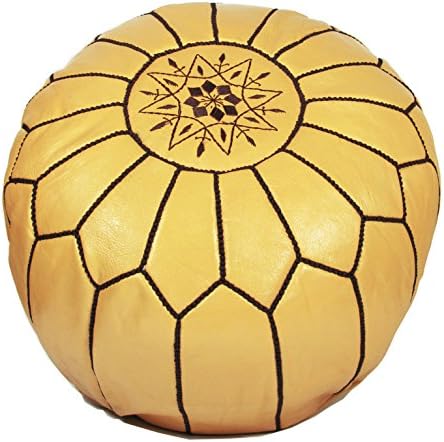 ALMADIH Moroccan leather pouf STUFFED yellow with brown stitching – traditional handmade genuine natural tan leather – ottoman footstool pillow bohemian pouffe puff puf seat upholstered (Pouf yellow)
