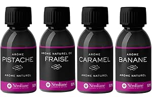 NÉROLIANE NEROLIANE – Lot 4 Arômes Naturels 50ml : Fraise, Banane, Caramel, Pistache – Yaourts, Pâtisseries, Boissons, Glaces – Vegan – Fabriqué en France – Qualité Professionnelle