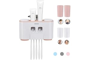 MHTECH -Dispenser Automatico di Dentifricio e Spazzolino Holder Set con Montaggio a Parete - Hands Free 2 Dentifricio Squeezers con 5 Pennelli Set con 4 Tazze- Adatto per Famiglie (Rosa)