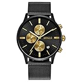 Baogela Herren Chronograph Quarz Uhr Schwarz Gold mit Edelstahlarmband 1611HG