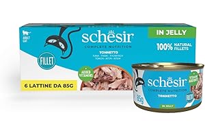Schesir, Atún en Gelatina, Comida Húmeda Completa para Gatos, en Latas, Con Vitaminas Añadidas, 100% Natural, 6 x 85g