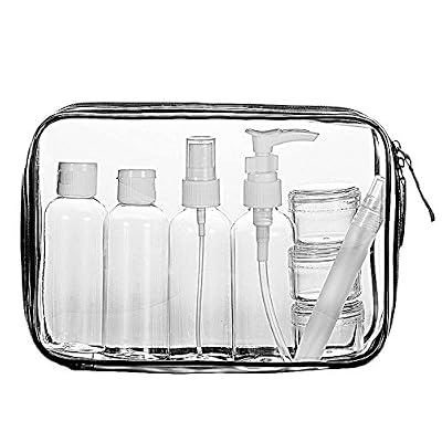 LUZWAY Trousse de Toilette Transparente + 8 Bouteilles Vide de Voyage pour Liquides (Max.100ml) , Kit de Voyage pour l’Avion, Set de Voyage dans Bagages à Main, Sac Cosmétiques pour Hommes et Femmes