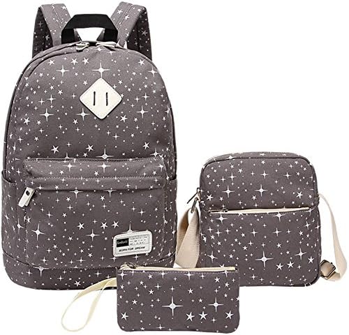 BLOOMSTAR Casual Star Canvas School Backpack + Shoulder Bag + Pencil Case (Gray, 3PCS)