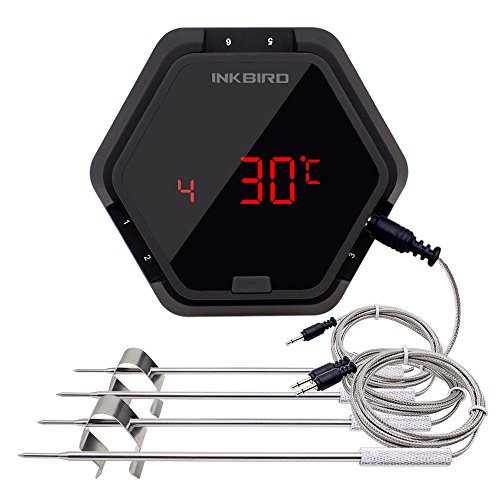 Inkbird Barbeque Fleisch Thermometer Digitale Bluetooth BBQ Raucher Funk-Grillthermometer Timer mit Temperaturfühlern für Ofen Kochen Outdoor Grill (Schwarz thermometer+4 Temperaturfühlern)