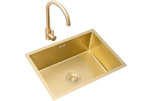 OMGMTSTORE Lavelli da cucina Vasca Singola Oro Spazzolato Acciaio Inox Quadrato da Incasso O Sottopiano con Rubinetto E Piletta (Color : Gold, Size : 60×40cm)