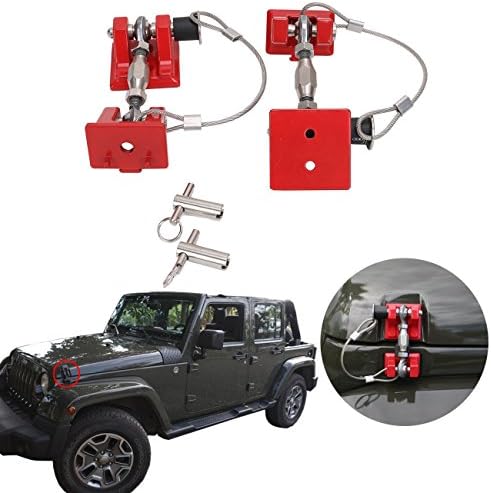 Silver Steel Locking Hood Lock Catch Latches and KEY for Jeep Wrangler JK 2007-2017 (Red)