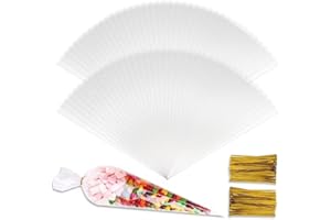 LUCYSTUDIO Sacchetti di Cellophane Caramelle 100 Pezzi 13x25cm Triangolo Buste Trasparenti in Cellophan per Confetti Sacchetti di Cono Plastica con 100 Cintura Attorcigliata Dorata per Nozze Compleanno Natale