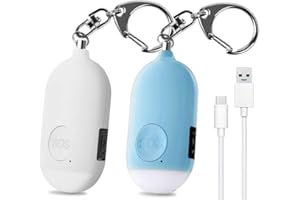 Shackcom 2 pcs 130 DB Alarme Personnelle d'urgence Rechargeable Alarme de Sécurité avec LED Lampe de Poche Torche Anti Agression pour Femme Enfants Personnes Agées Aventurier – Blanc+Bleu