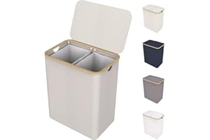 LONBET 150L Cesto Ropa Sucia 2 Compartimentos con Tapa y Estructura de Bambú - Cubo Ropa Sucia con Bolsa Extraíble, Asas Cómodas y Tela Transpirable para Uso Diario - Laundry Basket, Beige
