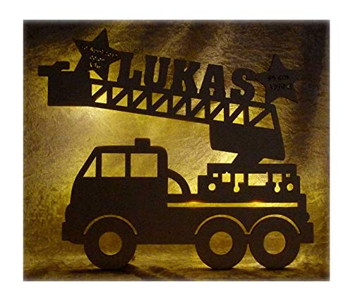 Preisvergleich Produktbild Feuerwehrmann" Feuerwehrauto - Sternenleiter" mit Name und Datum nach Wunsch, ideales Geschenk für Feuerwehr-Fans, als Deko-Lampe zum Feuerwehrzimmer verschönern