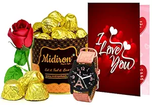 Midiron Valentine Gift for Girlfriend, Wife | Romantic Chocolate Gift ( Red Rose | Chocolates Box | Love Greeting Card | Girls Watch )