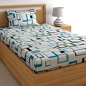 Home Ecstasy 100% Cotton Bedsheets for Single Bed Cotton, 140tc Geometric Blue Single Bedsheet with Pillow Cover (4.8ft X 7.3ft)