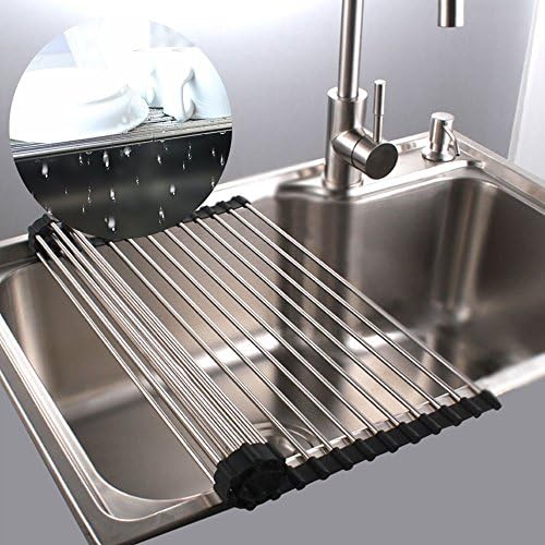 Kitchen dish drying drainer rack colander roll up foldable stainless steel over sink fruits and vegetable (Small)
