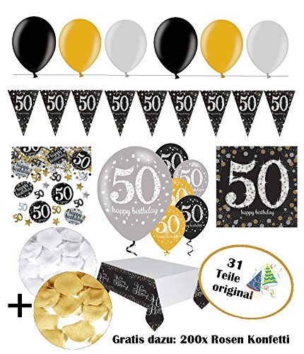 Komplette FesteFeiern® Dekoration zum 50. Geburtstag | Geburtstags Deko 50 | 31 Teile gold schwarz silber mit Luftballon | Party Deko Set happy birthday 50