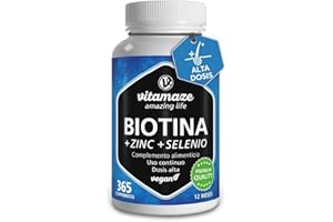 VITAMAZE - AMAZING LIFE Biotina 10.000 mcg Zinc y Selenio (1 Año) - Biotina para Cabello Piel y Uñas - Crecimiento del Cabello y Anticaída - Vitaminas para Pelo y Uñas Fuertes - Sin aditivos, Vitamaze