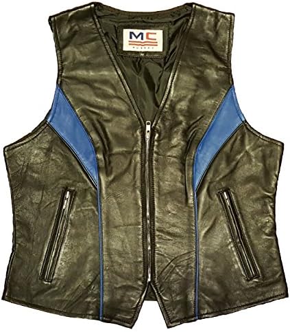 Ladies Women Soft Real Leather Smart V-Neck Waistcoat Vest Gilet (UK-12, Blue &amp; Black)