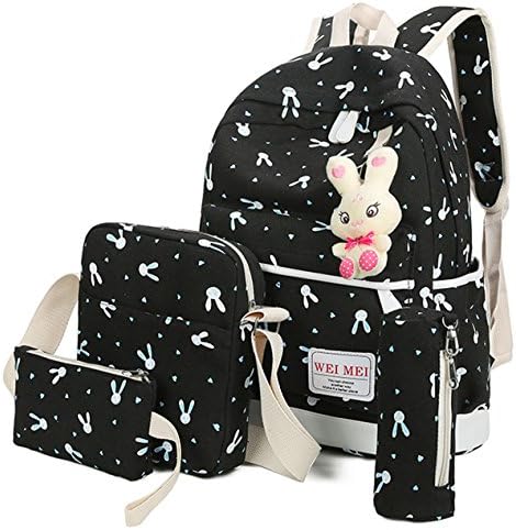 Girls Lightweight Canvas Casual Daypack School Backpack + Shoulder Bag + Pencil Case+Rabbit doll pendant(5 PCS) (Black)