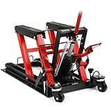 El soporte hidráulico estable en rojo y negro facilita el levantamiento y maniobrabilidad de tu motocicleta.
