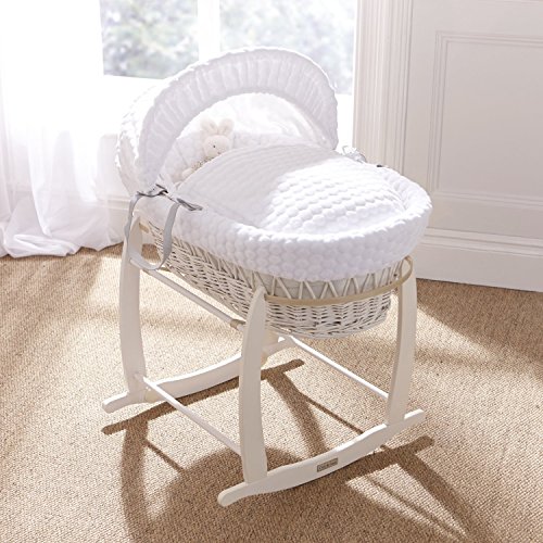 Luxury British Made White Wicker Moses Basket With White Marshmallow Covers And Rocking Stand