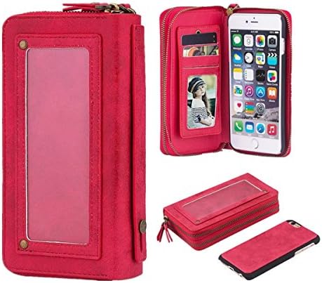 Case for Apple iPhone Detachable Wallet Cover with Mirror Wrist Strap Magnetic Slim Dual Zipper Pouch Folio Flip Leather Holster Card Slot Holder Case (Red, For iPhone 7/8 (4.7"))