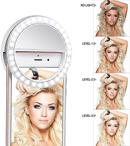 Meer Clip on Selfie Ring Light [Rechargeable Battery] with 36 LED Bulbs and 3 Grade Lights for Phone, Tablet, iPad, Laptop, Camera (White)