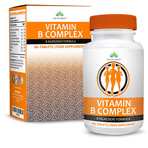Complesso di Vitamina B - Integratore ad Alta Potenza, Tutte le 8 Vitamine B in una Compressa: B1, B2, B3, B5, B6, B12, D-Biotina e Acido Folico, 180 Compresse (dose per 6 mesi) da Earths Design