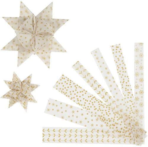 Paper Star Strips, W: 15+25 mm, D: 6,5+11,5 cm, white, gold, vellum paper, 48pcs