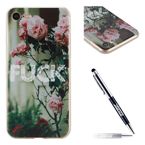 iPhone 7 Schutzhülle,iPhone 7 Silikon Handyhülle,JAWSEU Kreative Rose Blumen Spruch Muster Dünn Tpu Silikon Handytasche Weiche Flexibel Rückseite Tasche Etui Schale Bumper Durchsichtig Kratzfeste Transparente Crystal Hülle Case Cover für iPhone 7 4.7 Zoll+1xSchwarz Glitzer Bling Eingabestift-Rose Blumen Spruch