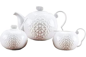 YBKTEX Eplze YBK Tech Strength - Set da caffè in porcellana, teiera in ceramica, lattiera e zuccheriera, motivo con farfalle e fiori in rilievo