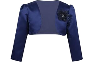 iiniim Boléro Cérémonie Bébé Enfant Fille Manche Longue Satin Cardigan Echarpes Veste Baptême Mariage Communion Blouse avec Broche à 3D Floral 9 Mois-10 Ans