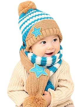 HappyCherry® Unisex Baby Mütze Beanie Kappe Wolle Fleece Strickmütze mit Schal 2 Stücke Set