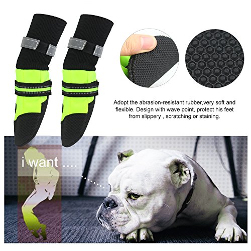 Magic-Zone-Waterproof-Dog-Shoes-Weave-Dog-Boots-Reflective-Velcro-Straps-and-Anti-Slip-Sole-Fluorescent-Green-4pcs
