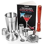 Savisto Premium 7 Piece Cocktail Set with Manhattan Cocktail Shaker, 500 Recipe Cocktail Book, 25ml & 50ml Bar Measures, Twisted Bar Spoon, Strainer, Wooden Muddler & Elegant Gift Box