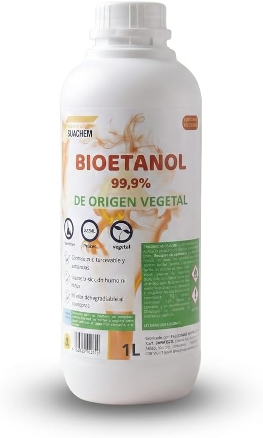 Bioetanol 99,9% Origen Vegetal | Combustible Limpio para Chimeneas de Bioetanol | Sin Humo ni Olor | Alta Pureza | Ecológico y Renovable | Apto para Quemadores y Estufas de Bioetanol (1 Litro)
