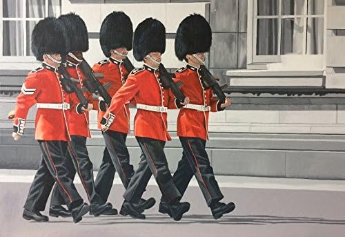 Queens guard soldiers marching original oil painting black and white art red accent