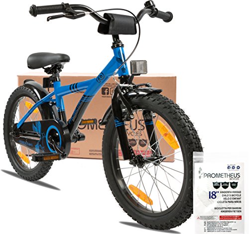 PROMETHEUS Kinderfahrrad 18 Zoll Jungen in Blau & Schwarz mit Seitenständer | V-Brake und Rücktrittbremse | ab 6 Jahren | 18″ BMX Edition 2017 - 2