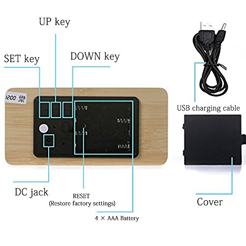 Holz LED-Design Digitaler Wecker, Datum Temperatur und Feuchtigkeitsanzeige, Sound-Sensor Wecker, 3 Stufen LED Helligkeit (Hölzernes Schwarz) - 8