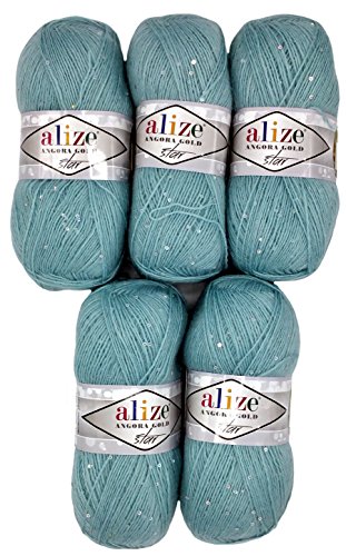 5 x 100g Alize Wolle mit Mohair und Pailletten zum Stricken und Häkeln, Farbe blau-grau Nr. 114, 500 Gramm Strickwolle