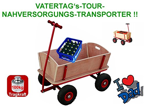 Bollerwagen mit Tragkraft 100 kg, Holz-Seitenwände und Boden, Metallrahmen mit Pulverbeschichtung, Transportwagen, Handwagen aus Holz, 10 Zoll Gummi-Reifen, Izzy Sport - 2