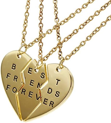 ISHOW Three Half Gold Tone Heart With "Best Friend Forever"Engraved Long Pendant Necklace 3pcs